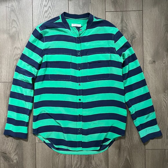 Equipment Femme 100% Silk Button Down Striped Blouse Green Blue Medium - Picture 1 of 4